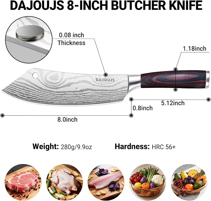 8-Inch Meat Cleaver Butcher Knife - High-Carbon Stainless Steel Professional Cleaver Chefs Knife Cutting Knives with Ergonomic Wood Handle & Gift Box for Cooking