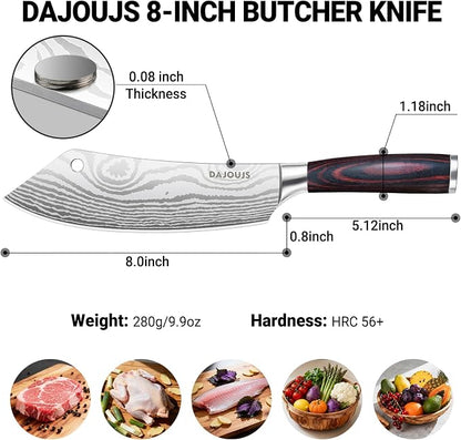 8-Inch Meat Cleaver Butcher Knife - High-Carbon Stainless Steel Professional Cleaver Chefs Knife Cutting Knives with Ergonomic Wood Handle & Gift Box for Cooking