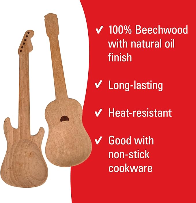 Kikkerland Set of Two Novelty Guitar Wooden Spoons for Kitchen – Beechwood, Heat Resistant, Use with Non-Stick Cookware – Unique Gift for Music Lovers and Cooking Enthusiasts