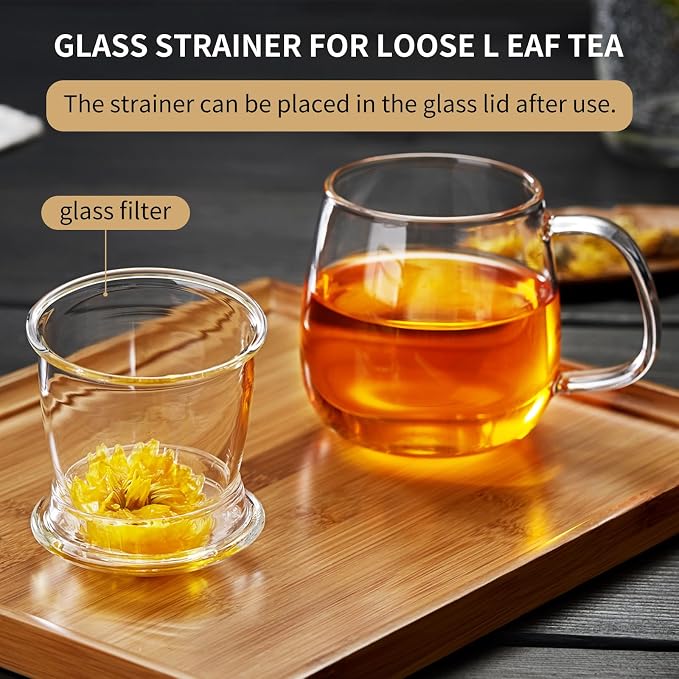 DOPUDO Large Glass Tea Cup, 25.6 oz Borosilicate Glass Tea Mug with Infuser and Lid, Clear Tea Cups for Brewing Scented Tea and Tea Bag.