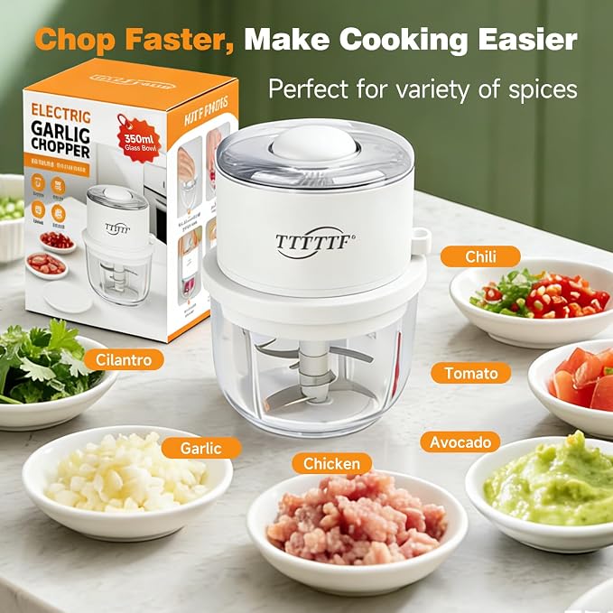 Electric Garlic Chopper, 350ML Glass Bowl Mini Food Processor, Portable Veggie Chopper Onion Garlic Grinder, Wireless Blender for Ginger, Chili, Fruit, Meat, etc