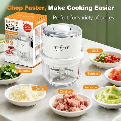 Electric Garlic Chopper, 350ML Glass Bowl Mini Food Processor, Portable Veggie Chopper Onion Garlic Grinder, Wireless Blender for Ginger, Chili, Fruit, Meat, etc