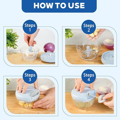 Manual Food Processor Vegetable Chopper, Portable Hand Pull String Garlic Mincer Onion Cutter for Veggies, Suitable for Vegetables, Ginger, Garlic, Fruits, Onion, Potato, Salad (Blue 500 ml)