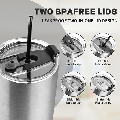 30 oz Tumbler with Lids and Straws, Stainless Steel Insulated Coffee Tumbler, Double Wall Vacuum Insulated Travel Mug Cup, Leakproof Thermal Coffee Cup for Hot and Cold Drinks(Silver)