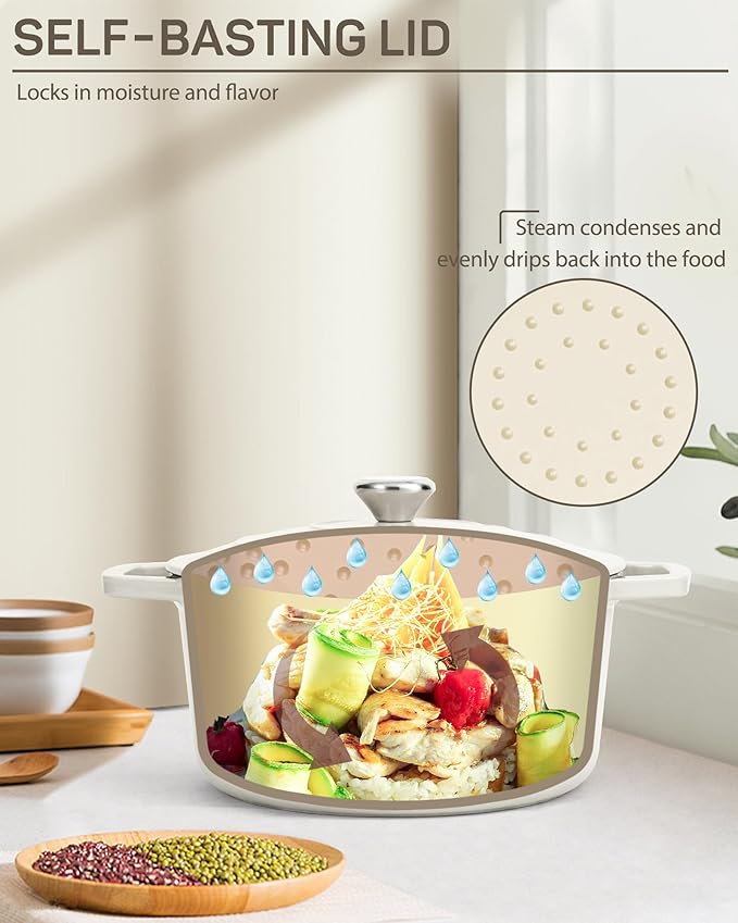 Ciwete Enameled Cast Iron Dutch Oven – 4.4 Quart Pot with Lid & Potholders – Heavy-Duty Cookware for Bread Baking, Braising, Stews & Roasting – Oven & Stovetop Safe up to 500°F – Off White