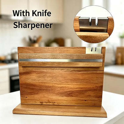 Large Magnetic Knife Holder - 14.5 x 11" Double-Sided Acacia Wood Block with Built-in Sharpener, Holds 14+ Knives, Premium Kitchen Counter Organizer for Professional Chefs