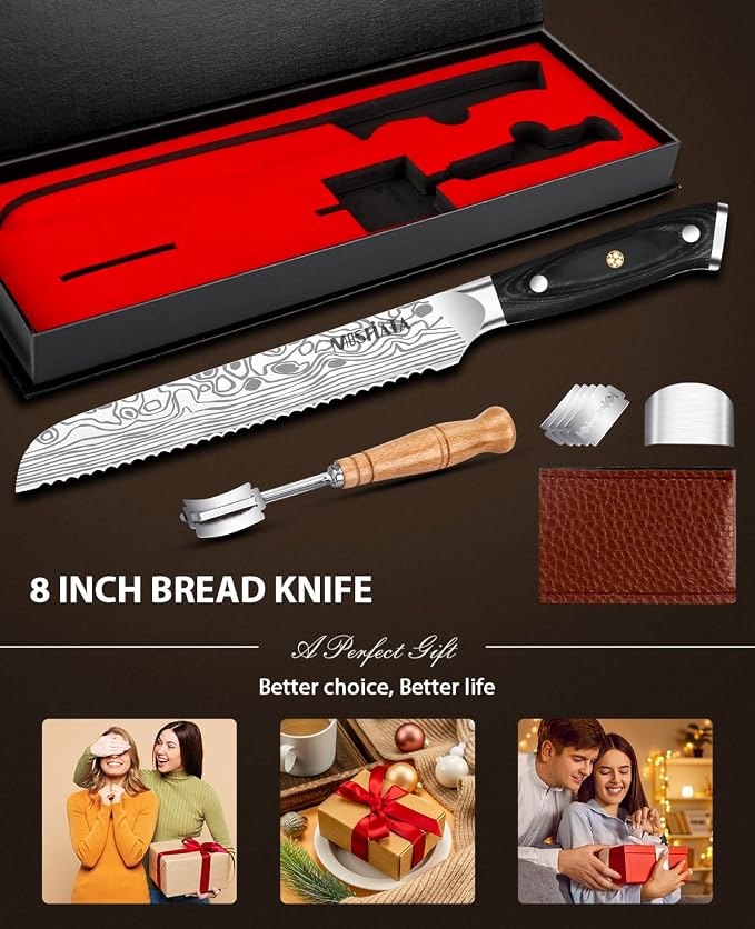 MOSFiATA Bread Knife 8” Ultra Sharp Serrated Knife, German High Carbon Stainless Steel EN1.4116 Bread Slicer with Bread Lame, Micarta Handle, For Bread, Cake, Bagels