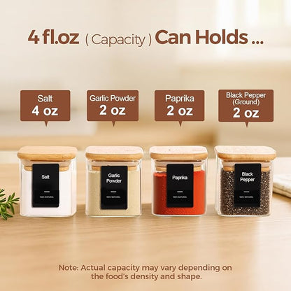 ComSaf 12Pcs Spice Jars with Labels, Glass Jar with Bamboo Lid, 4oz Airtight Square Spice Containers with Black Lables, Empty Seasoning Jars for Spice, Salt, Pepper, Sugar