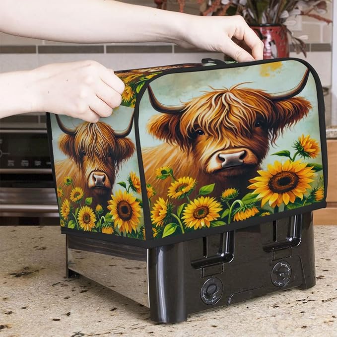 Alpine Cow Sunflower Toaster Cover 4 Slice Wide Slot Washable Kitchen Appliance Covers Fingerprint Bread Machine Dust Cover Small Toaster Oven Accessories Covers Bread Maker Bag Women Gift