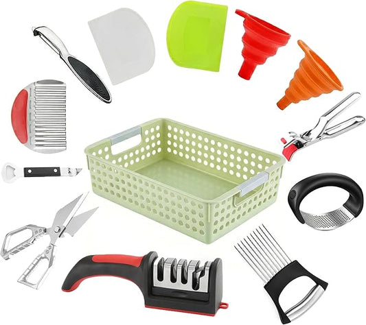 13-Piece Kitchen Gadget Set (Includes Storage Basket) — Features Kitchen Shears, Garlic Press, Knife Sharpener, Julienne Peeler, Standard Peeler, Anti-Scald Tongs, and Bottle Opener — A Home Essential