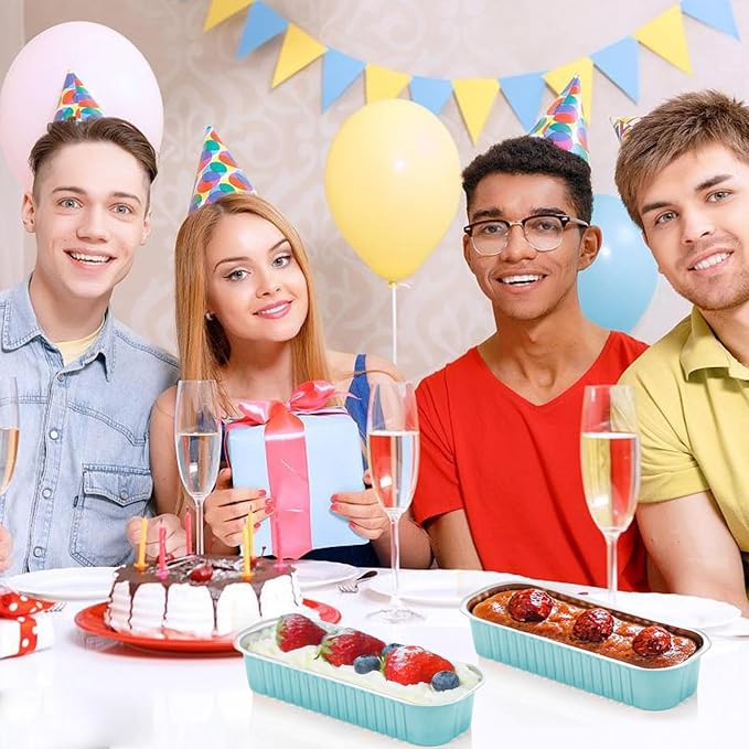 Mini Cake Pans with Lids and Spoons 200 Pack, Mini Loaf Pans with lids 6.8oz, Small Disposable Aluminum Foil Loaf Pans, Rectangular Baking Container for Party, Picnics and Housewarming (Blue)