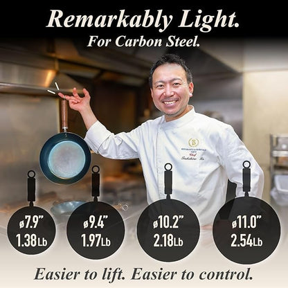 Crafted in Japan. Trusted by Chefs. Japanese Carbon Steel Frying Pan – Precision-Formed, Pre-Seasoned & Lightweight, Chef-Designed for High-Heat Control (11.0 inches)