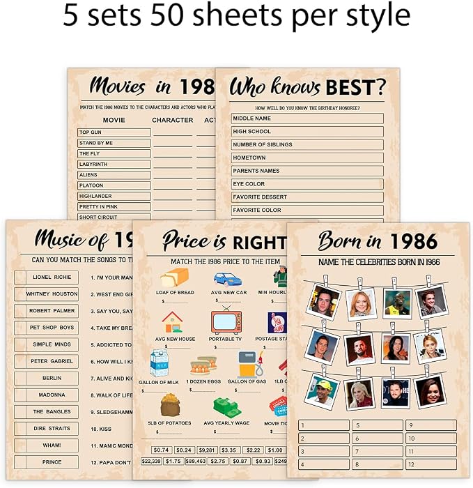 QUPT 40th Birthday Party Games, Born in 1986 Games Bundle, Set of 5 Activities for 10 Guests, Birthday Party Supplies for Adults, Pack of 50 Cards