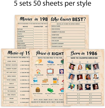 QUPT 40th Birthday Party Games, Born in 1986 Games Bundle, Set of 5 Activities for 10 Guests, Birthday Party Supplies for Adults, Pack of 50 Cards