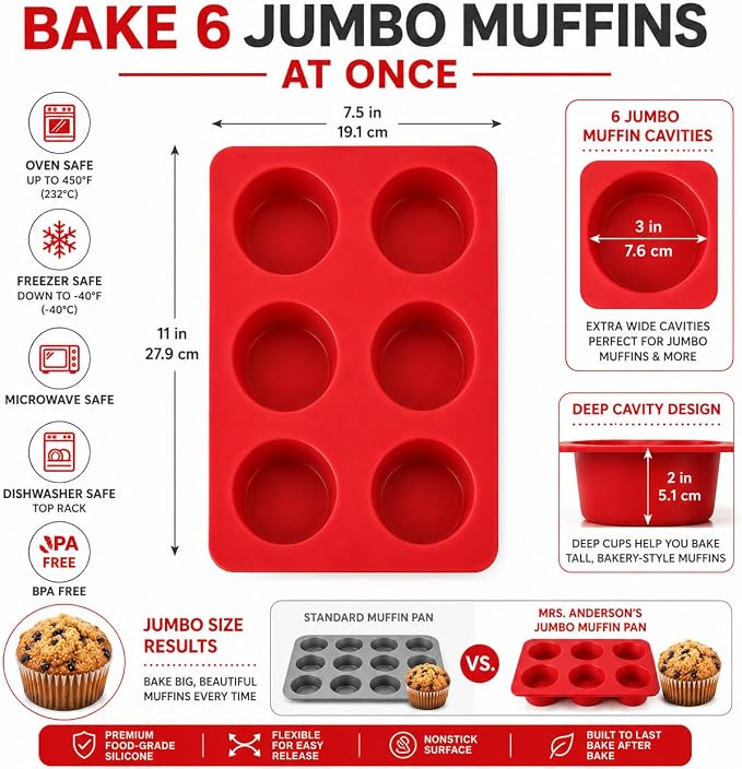 Mrs. Anderson's Baking Silicone 6-Cup Jumbo Muffin Pan, Non-Stick European-Grade Silicone