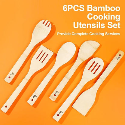 Wooden Spoons for Cooking 6 Piece - Wooden Cooking Utensil Set Nonstick Bamboo Cooking Spoons & Spatula Premium Kitchen Utensils Set Christmas Housewarming Gifts