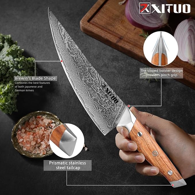 XITUO 8-Inch Damascus Steel Chef Knife, Olive Wood Handle – Japanese-Inspired Kitchen Knife for Chopping, Mincing & Slicing Meat, Poultry & Vegetables, Gift for Pro & Home Cooks