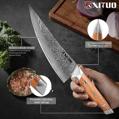 XITUO 8-Inch Damascus Steel Chef Knife, Olive Wood Handle – Japanese-Inspired Kitchen Knife for Chopping, Mincing & Slicing Meat, Poultry & Vegetables, Gift for Pro & Home Cooks
