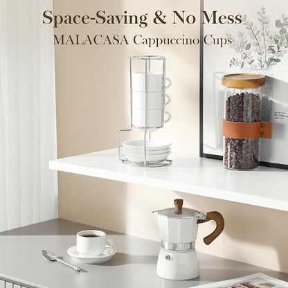 MALACASA 2.5 OZ Porcelain Espresso Cups with Saucers and Metal Stand Set of 4, Stackable Cappuccino Cups, White Expresso Shots Cup Set for Coffee Drinks, Latte, Tea