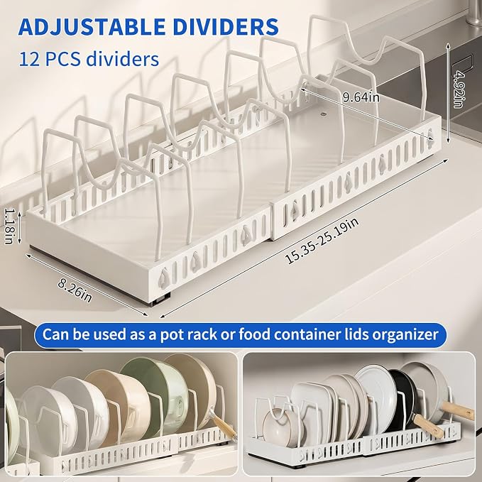 Pull-Out Pots and Pans Organizer, Expandable Lid Rack Pans Organizer Under Cabinet with 12 Adjustable Dividers, Storage Rack for Cookware, Spice, Cutting Board, Dishes, Baking Tray, Lid (White)