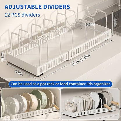 Pull-Out Pots and Pans Organizer, Expandable Lid Rack Pans Organizer Under Cabinet with 12 Adjustable Dividers, Storage Rack for Cookware, Spice, Cutting Board, Dishes, Baking Tray, Lid (White)