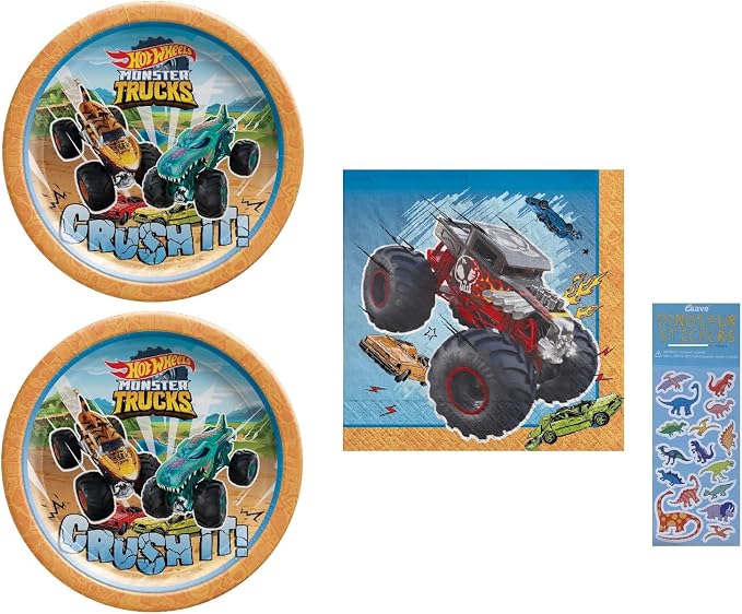 Monster Trucks Birthday Party Supplies Bundle includes 16 Dessert Cake Paper Plates, 16 Paper Napkins, 1 Dinosaur Sticker Sheet