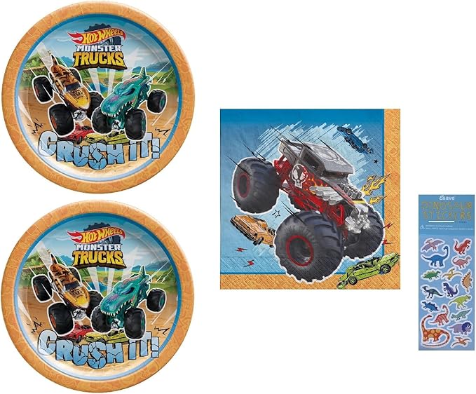 Monster Trucks Birthday Party Supplies Bundle includes 16 Dessert Cake Paper Plates, 16 Paper Napkins, 1 Dinosaur Sticker Sheet