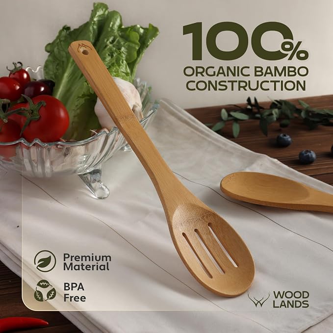 7PCS Carbonized Bamboo Wooden Spoons for Cooking Set, Premium Kitchen Utensils for Nonstick Cookware, Durable Wooden Cooking Tools