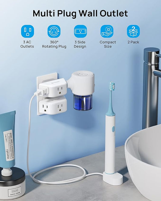 TROND 360 Rotating Plug Outlet Extender 2 Pack, 3 Way Angled Wall Outlet Adapter, Small Multiple Plug Splitter for Bathroom Kitchen Cruise Ship Travel Essentials, White
