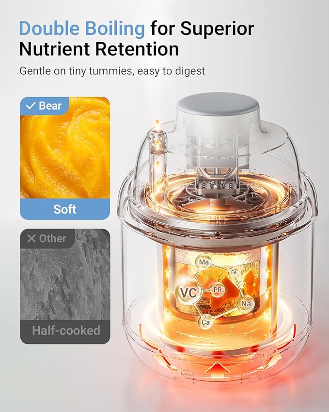 Bear All-Stainless Steel Baby Food Maker, NutriEase 3-Stage Texture, OneStep Baby Food Processor Puree Maker, Preset Function, Self-Clean&Dishwasher safe, Effortless Healthy Homemade Baby Food,Upgrade