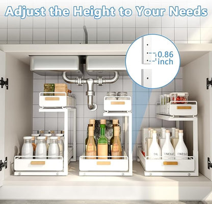 Under Sink Organizer Kitchen - Upgraded Professional Rails, 2 Tier Dual Pull Out Cabinet Storage, Height Adjustable Under Sink Storage, Metal Sliding Drawer for Kitchen & Bathroom, White, 1 Pack