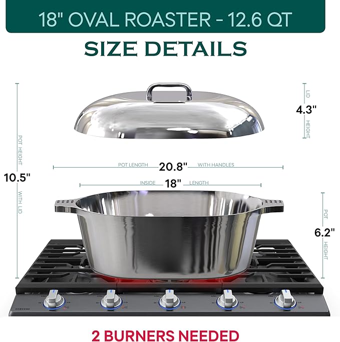 MAGNAWARE Cast Aluminum Oval Dutch Oven with Lid — 12.6 QT Heavy Duty Roaster Pan with Rack & Silicone Cover Dual Handles — Cajun Cookware for Roasting, Baking, Cooking (18" X-Large)