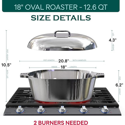 MAGNAWARE Cast Aluminum Oval Dutch Oven with Lid — 12.6 QT Heavy Duty Roaster Pan with Rack & Silicone Cover Dual Handles — Cajun Cookware for Roasting, Baking, Cooking (18" X-Large)