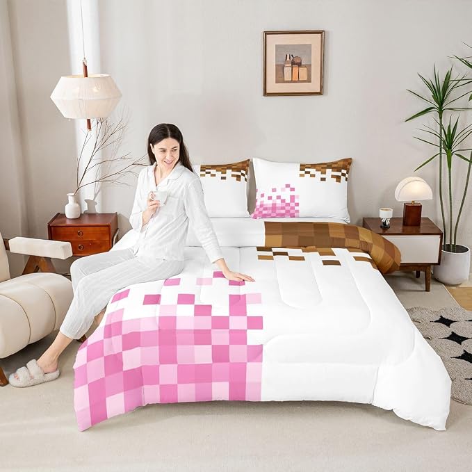 Manfei Game Pixelated Theme Kids Comforter Toddler Size,Patchwork Grid Quilt Set for Kids Boys Girls Bedroom Decor,Video Games Bedding Set,Pink Brown Duvet Insert,1 Pillowcase