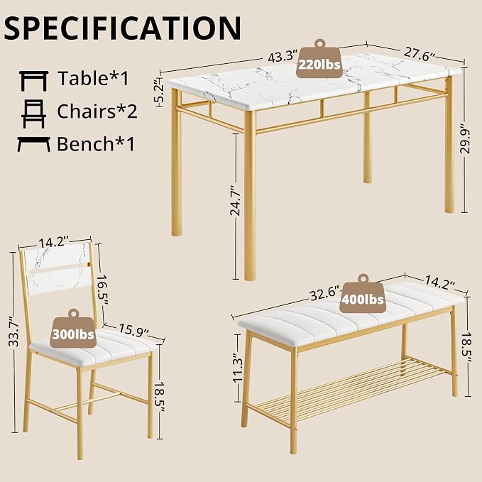 IRONCK Dining Table Set for 4, Kitchen Table with Upholstered Bench and 2 Chairs, Kitchen Table and Chairs Set for Small Space, Apartment, White & Gold