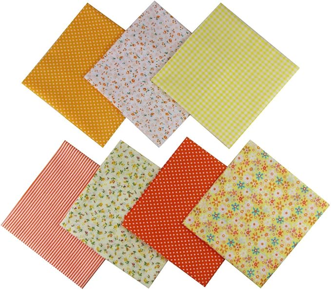 7PCS Different Patterns Printed Cotton Fabric Squares 50 cm x 50 cm Handmade Craft Cloths Bundle for Sewing Patchwork, Quilting, DIY Scrapbooking Tissue (Yellow)