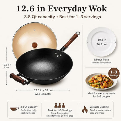 WANGYUANJI 12.6 Inch Round Bottom Cast Iron Wok with Glass Lid, Chinese Stir Fry Pan for Gas Stove & Open Flame, Uncoated Clay-Mold Texture, Wok Ring Required, Seasoning Needed