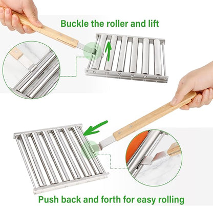 KAYCROWN Hot Dog Roller Sausage Rack with Extra Long Wood Handle, BBQ Griller For Evenly Cooked Dogs, 5 Capacity, Silver