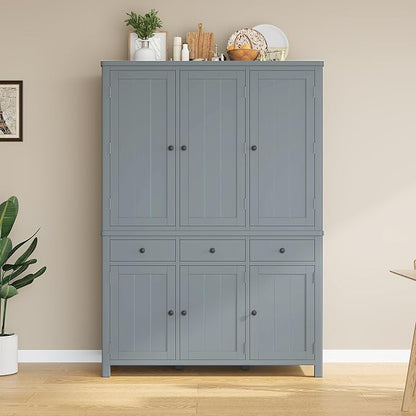74.8''H High Freestanding Kitchen Pantry, Wooden Kitchen Organizers Cupboard Storage Cabinet with Door Shelves, Adjustable Shelves, Pull-out Trays and Drawers for Dining Room Living Room (Gray-2.12)