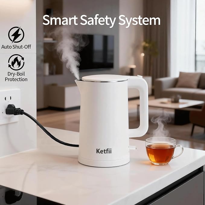 Electric Kettle 1.7L, Seamless Inner Pot, Double-Walled Design, BPA-Free, Tea, Coffee & Hot Water Boiler, Dual-Angle Lid Opening, Auto Shut-Off & Boil-Dry Protection, 304 Stainless Steel, 1000W