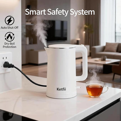 Electric Kettle 1.7L, Seamless Inner Pot, Double-Walled Design, BPA-Free, Tea, Coffee & Hot Water Boiler, Dual-Angle Lid Opening, Auto Shut-Off & Boil-Dry Protection, 304 Stainless Steel, 1000W