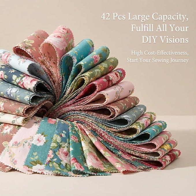 42 Pcs Jelly Roll Fabric Strips for Quilting Fabrics, Sewing Supplies DIY Crafts 2.6 Inch Precut Cotton Fabric Bundles with Wavy Edges, Floral Rose Patchwork