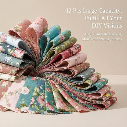 42 Pcs Jelly Roll Fabric Strips for Quilting Fabrics, Sewing Supplies DIY Crafts 2.6 Inch Precut Cotton Fabric Bundles with Wavy Edges, Floral Rose Patchwork