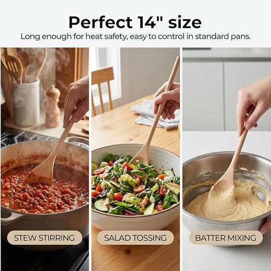HANSGO 3PCS Wooden Spoons for Cooking, 14 Inch Long Handle Spoons for Deep Pots, Wooden Kitchen Utensil Set for Stirring, Mixing and DIY Crafts, Sturdy & Lightweight