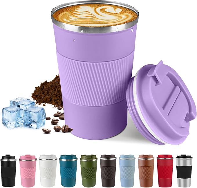 SPLMIFA Vacuum-Insulated Stainless Steel Travel Coffee Mug, Leak-Proof Reusable Coffee Cup with Lid - Keep Hot & Cold Drinks for Hours, Durable Insulated Tumbler for Men & Women(3rd-Purple, 12OZ)