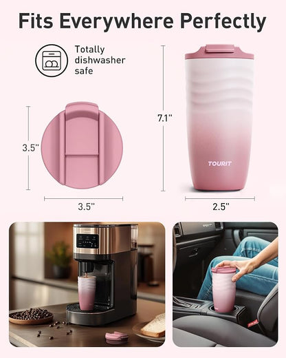 TOURIT 16 oz Travel Coffee Mug, Vacuum Insulated Stainless Steel Tumbler with Ripple-Wave Anti-Slip Grip, Built-in Silicone Bottom for Quiet & Stable, Leak-Proof Lid, Fits Car Cup Holder, Ocean Mist