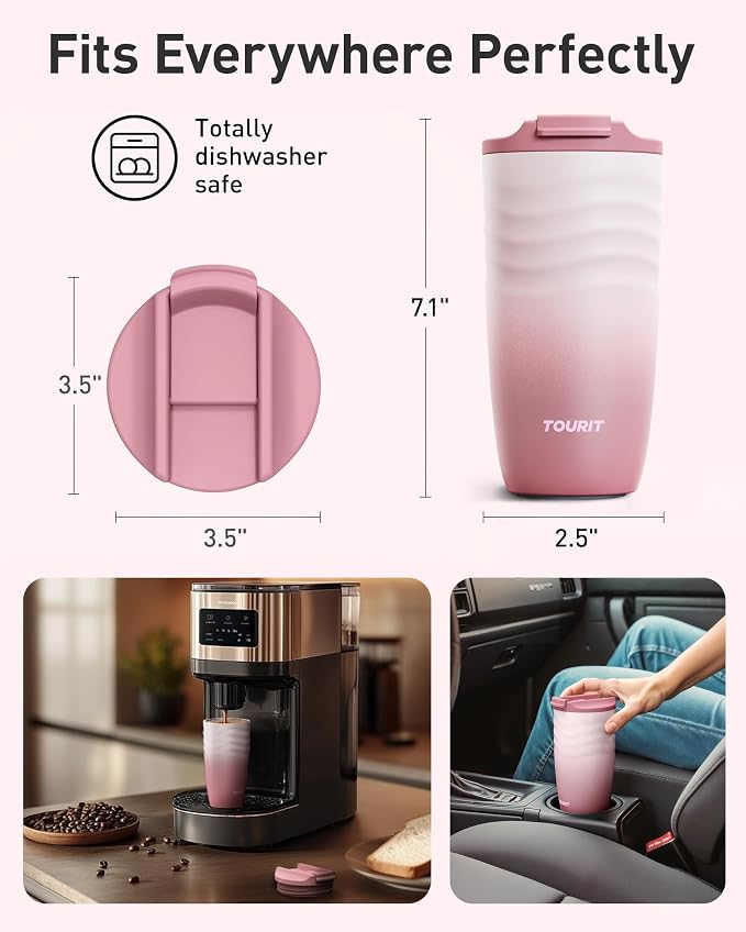 TOURIT 16 oz Travel Coffee Mug, Vacuum Insulated Stainless Steel Tumbler with Ripple-Wave Anti-Slip Grip, Built-in Silicone Bottom for Quiet & Stable, Leak-Proof Lid, Fits Car Cup Holder, Lilac