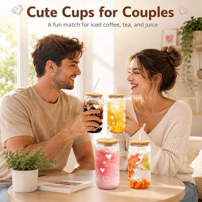 Glass Cups with Lids and Straws with Heart Design, 4 Pack 16 oz Cute Glass Iced Coffee Cups for Friends, Couples, Tea and Juice