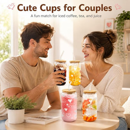 Glass Cups with Lids and Straws with Heart Design, 4 Pack 16 oz Cute Glass Iced Coffee Cups for Friends, Couples, Tea and Juice