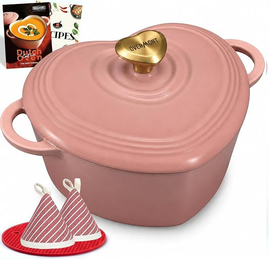 Overmont Heart-Shaped Enameled Cast Iron Dutch Oven, 2QT Pink Mini Pot with Lid for Cozy Meals, Soups & Small Batch Baking, Cute Kitchen Cookware Gift for Wedding, Housewarming & Birthday